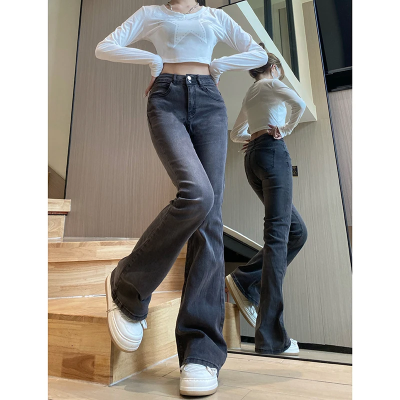 WCFCX STUDIO Women Jeans Vintage Denim Flared Pants Elastic Force Streetwear High Waist Slim Harajuku Trousers