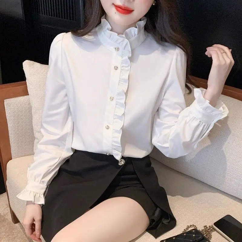 

Lotus Leaf Stand Collar Shirt Spring Autumn New White Shirts Camisas De Mujer Рубашка Shirts & Blouses Chemise Femme
