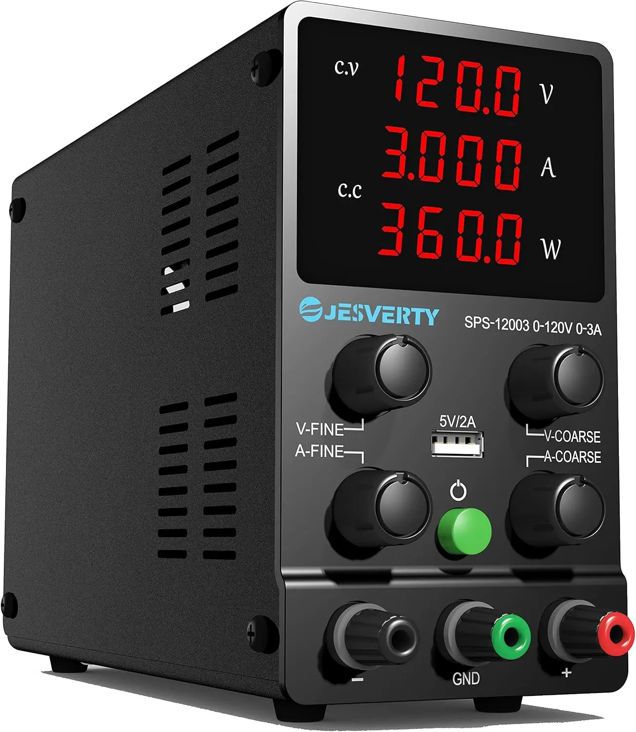 Zasilacz DC 0-120V 0-3A Regulowany z 4-cyfrowym wyświetlaczem LED, USB 5V/2A, Regulacja grubo-/dokrętna SPS-12003