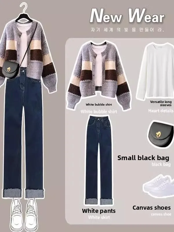 Nova Moda de Outono 2024 Cseta Base de Tamanho ande Suéter Conjunto Versátil de Jeans de Aodão com Zíper de Manga Long...