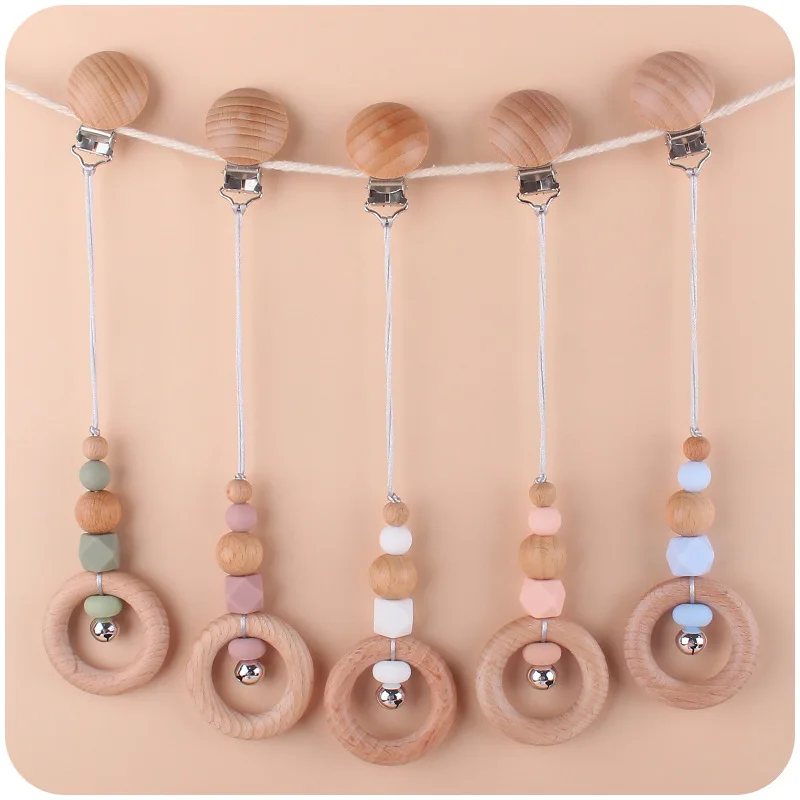 ABCPICK Natural Wood Baby Beech Wooden Rattle Ring Hanging Cart Stick Grasping Silicon Teething Toys Bracelets Care Chew Toy