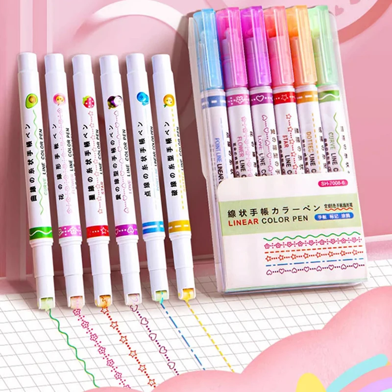 6-teiliges Set Blumenförmige Kontur- und Wellenlinien-Textmarker Doppelseitige Schreibmarker für Kinder, Schüler, Journaling und Kritzeleien