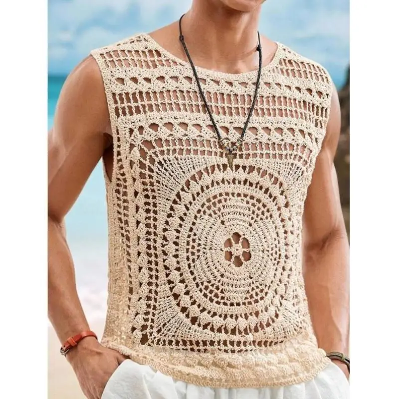 

Men's Casual Knitted Hollow out round Ne Vest H 6983 TEMU Autumn Cross-Border Sle Pure Color Ne Warm Inner Wear