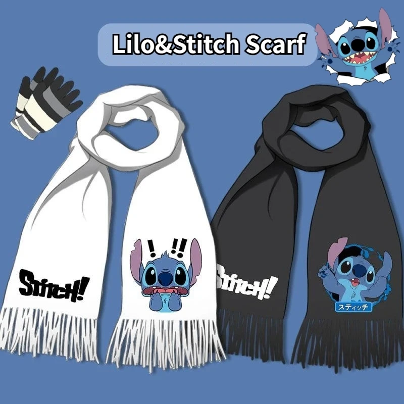 Disney Lilo Stitch Cashmere Scarf Cute Cartoon Print Scarf Women Winter Kawaii Casual Couple Scarf Gloves Disney Accessories