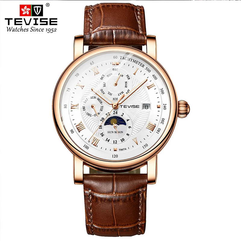 TEVISE-Montre mécanique étanche en cuir avec cadran multifonction, phase de lune, mode sportive, T867A
