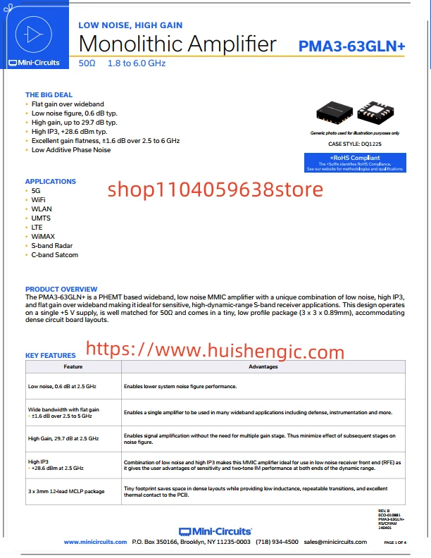 PMA3-63GLN+     RF amplifier IC LTE, radar, SATCOM, UMTS, WiFi, WiMAX, WLAN 1.8GHz ~ 6GHz 1-MCLP (3x3)