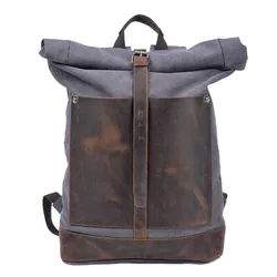 New vintage wash canvas men's backpack waterproof large capacity roll top expansion backpack men's outdoor hiking bag