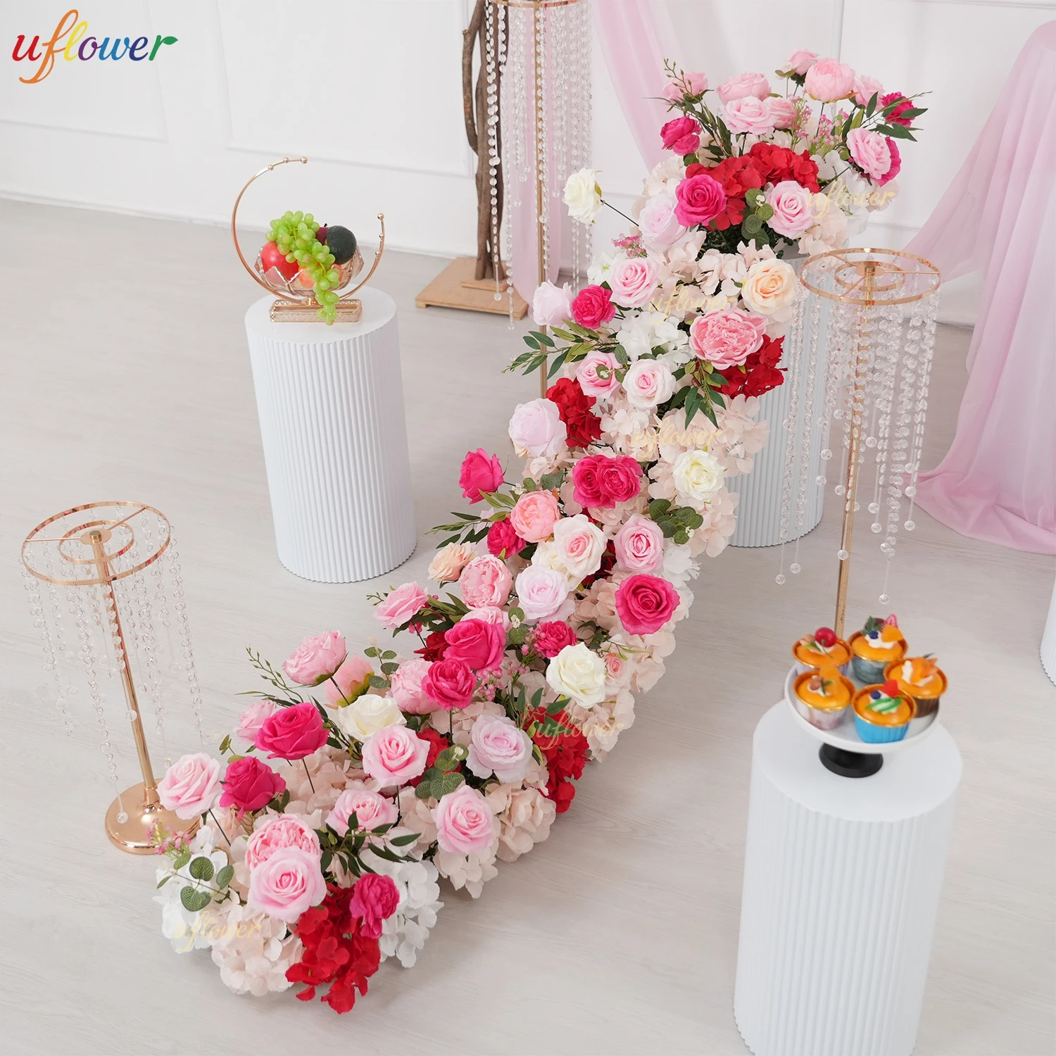 

Uflower Luxury 100/200cm Pink Artificial Rose Flower Row Wedding Backdrop Table Centerpiece Flowers Wall Party Stage Decor