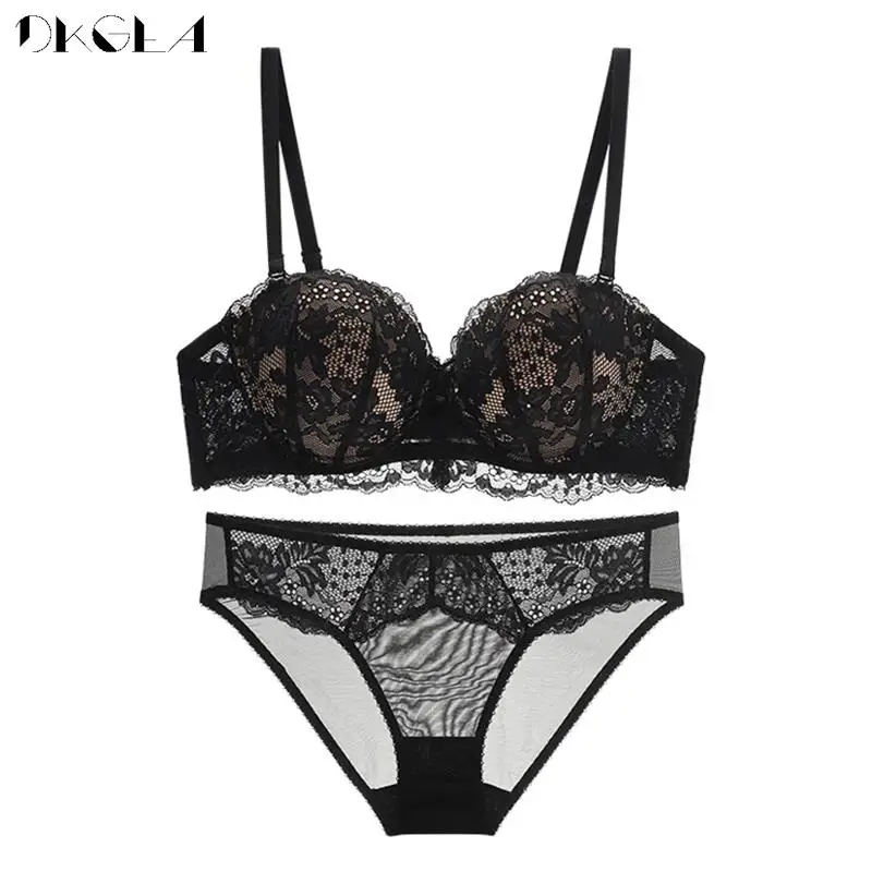 Sexy Underwear Set Top Sexy Brassiere 1/2 Cup Bandage Push Up Bra Set Black Thick Padded Women Bras Embroidery Lace Lingerie New