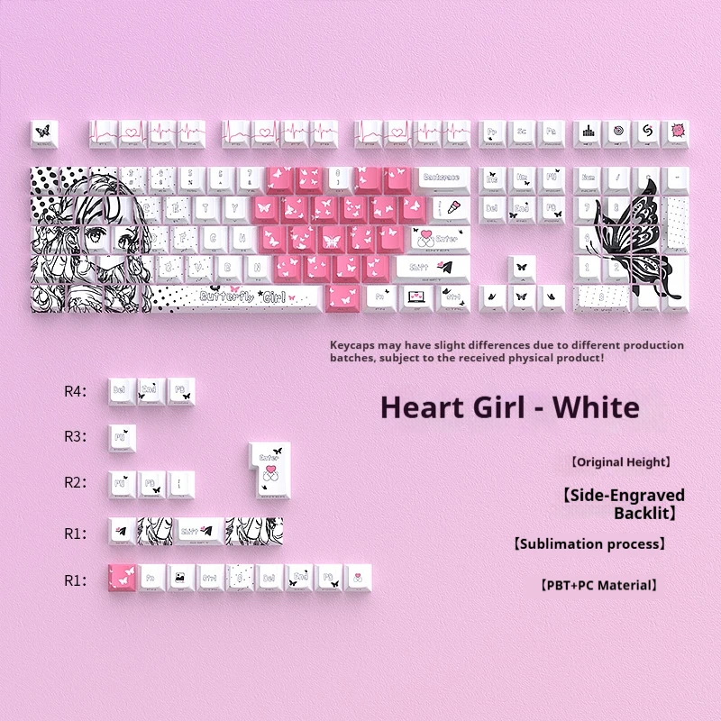 

Pink Butterfly girl Theme Keycaps 125 Keys PBT Keycaps Cherry profile Side engraving keycaps for Mechanical Keyboard MX Switches