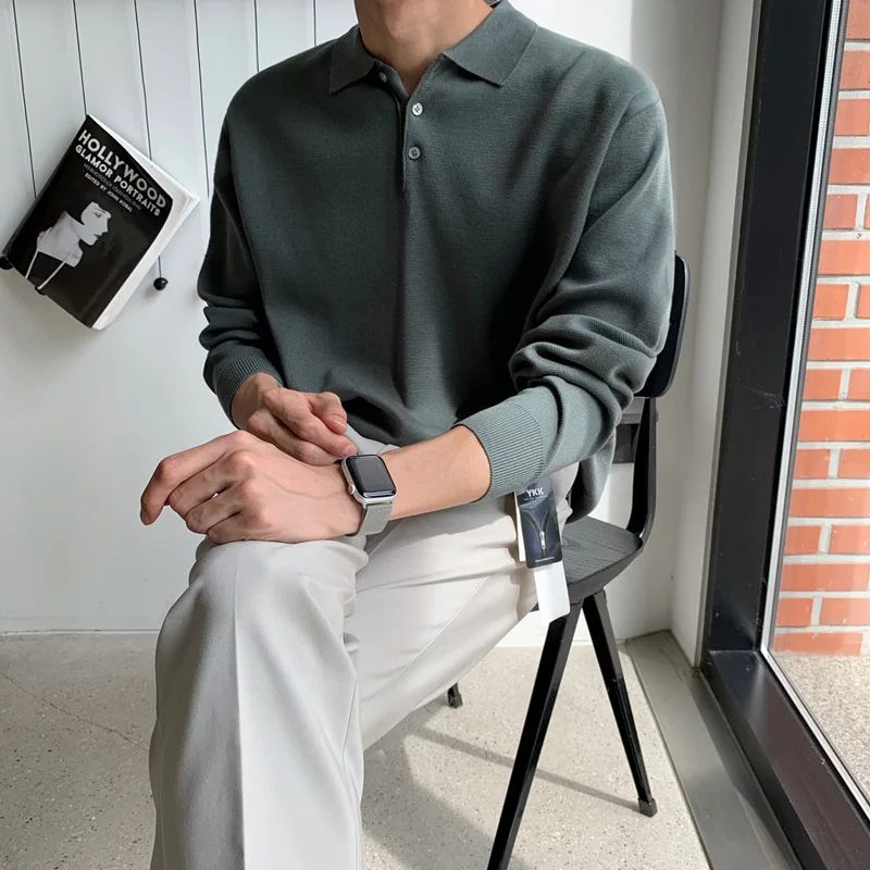 Herfst Koreaanse stijl heren effen kleur turn-down kraag lange mouw knop casual trendy eenvoudige basic truien mannelijke kleding tops