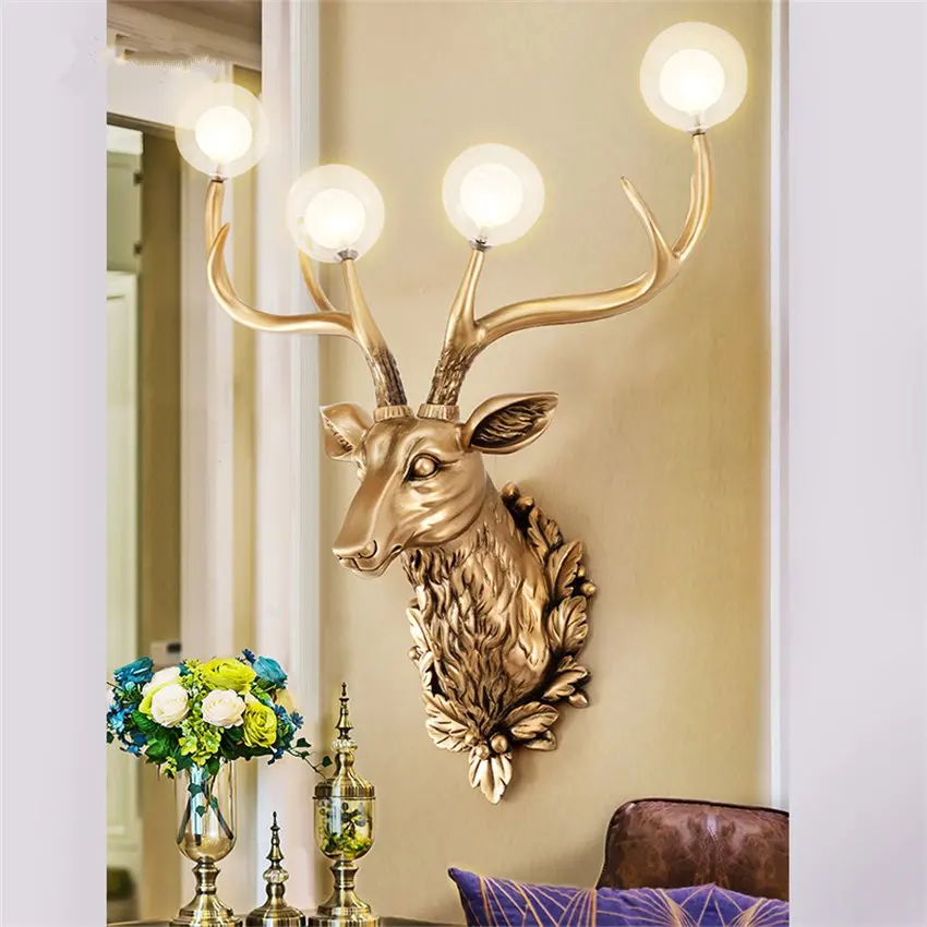 European vintage resin deer head wall lamps living room decoration glass lamp American antler study
