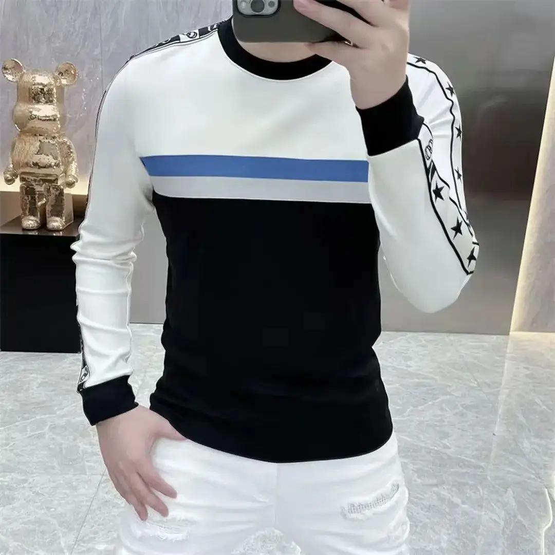 

Мужской вязаный свитер с длинным рукавом и круглым вырезом, модный, приталенный, базовый слой, с цветовыми блоками, осенне-зимний дизайн