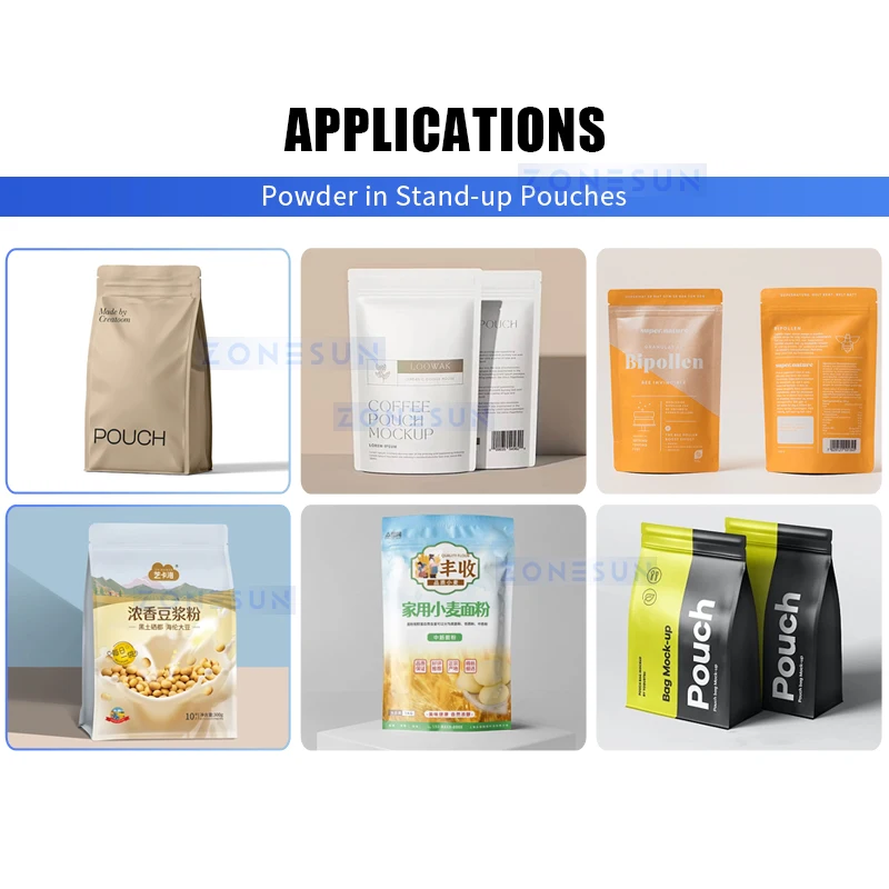 Zonesun Macchina confezionatrice per polvere Riempitrice e sigillatrice Doypack Riempitrice a coclea Sigillatrice a fascia continua ZS-FAL180Z1