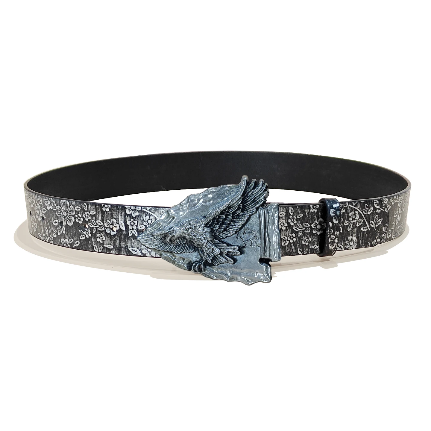 Eagle Metal Belt Buckle Punk Pu Leather Belt For Men and Women Silver Flora Embossed Black Jeans Belt Trendy Personalized Belt