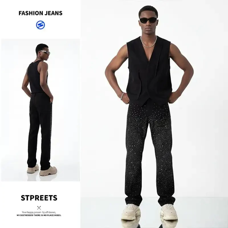 

Men's Black Jeans Fully Embellished with Gemstones, Shiny Denim Pants Decorated with Crystals, Loose Streetwear, Y2K Hip Hop Par