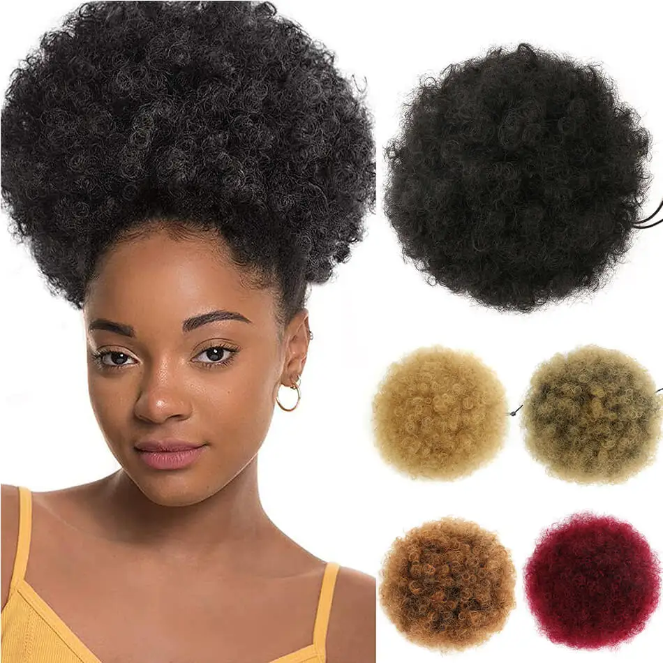 

1PC 10-Inch Women's Afro Kinky Curly Synthetic Ponytail Extension Basic Style Drawstring Afro Puff Hair Bun Wig for Daily U