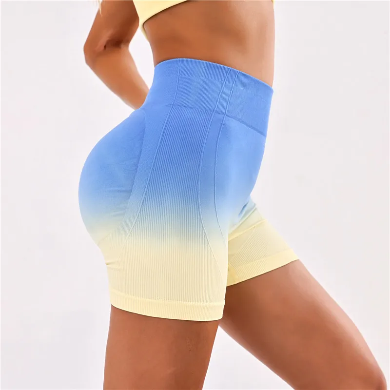 Blue Yellow Women Seamless Butt Lifting Gym Shorts Quick Dry Plus Size Training Sports Fitness High Waist Yoga Short Pants