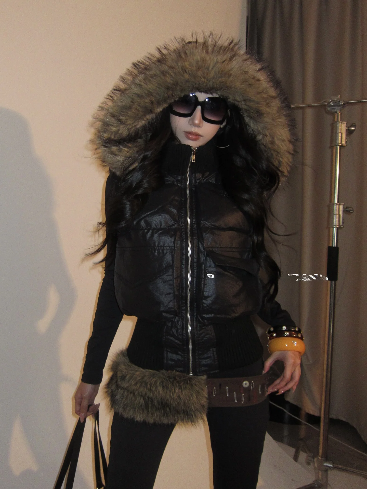 

PRO83 Women's ort Cotton Vest with Detachable Fur Collar Waist-Cinching Autumn Winter Faionable Outerwear Layering