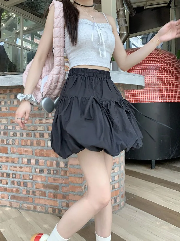 

Korobov Sweet Bow Pleated High Waist Skirts Loose Casual A-line Skirt Women Summer Streetwear Solid Color All Match Mini Skirt