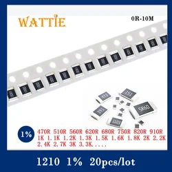 20 piezas de resistencia de chip 1210, 470R, 510R, 560R, 620R, 680R, 750R, 820R, 910R, 1K, 1% K, 1,1 K, 1,2 K, 1,3 K, 1,5 K, 1,6 K, 1,8 K, 3K, 2,2 K