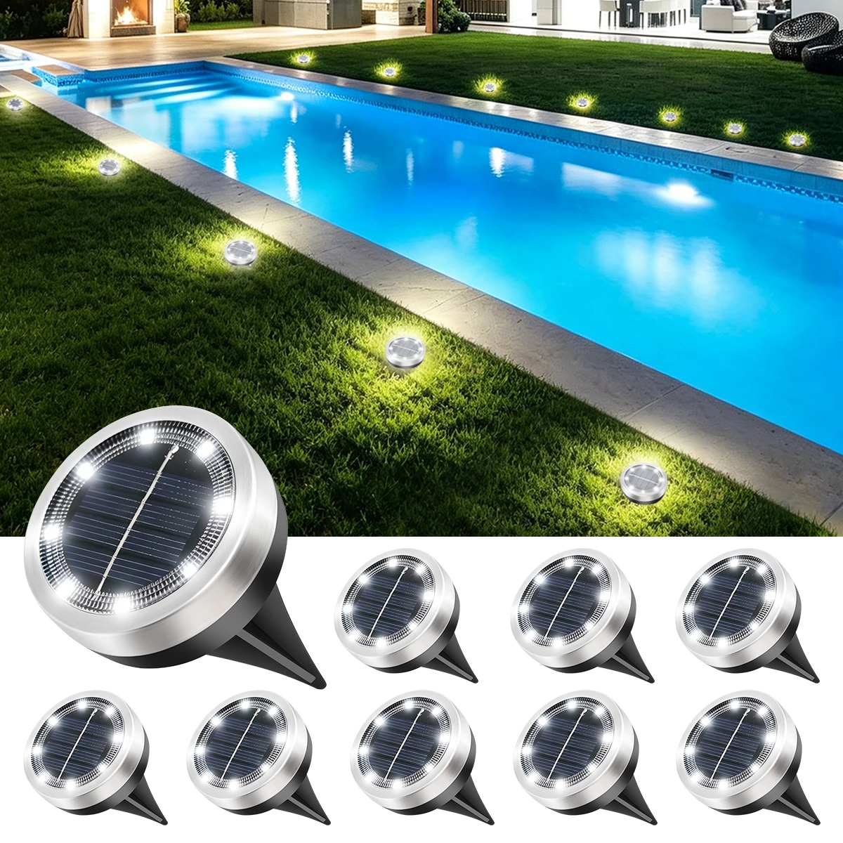 Lámpara Solar para Camino con 8 LED y 2 Opciones de Color, Luz Blanca Cálida, IP65 Impermeable, Acero Inoxidable, para Jardín, Césped y Patio