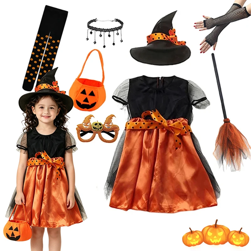 Girls Witch Costume Set Short‑Sleeve Black‑Orange Spliced Mesh Dress Witch Hat Halloween Trick Or Treat Cosplay Party Outfit