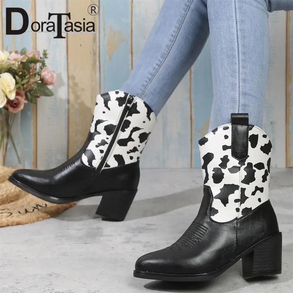 

Brand New Ladies Pointed Toe Cowboy Boots Fashion Mixed Colors Chunky Heels women's Cowgirl Ankle Boots Casual Party Shoes Woman