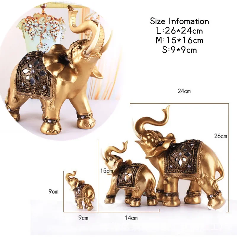 1PC Gold Resin Elephant Statue Feng Shui Lucky Wealth Elephant Figurine Grace Trunk Sculpture Home Desktop Decor Ornament Crafts