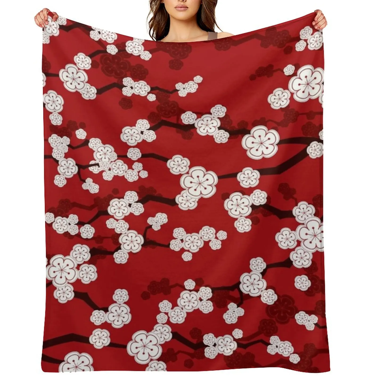 

White Oriental Cherry Blossoms On Red | Zen Japanese Sakura Flowers  fatfatin Throw Blanket Hair Warm Bed Quilt Blankets
