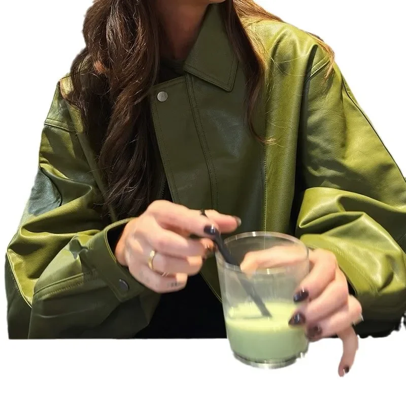 

Green Leather Jacket Women's Short Cropped Notched Lapel Vintage Moto Style Edgy Fall Outerwear