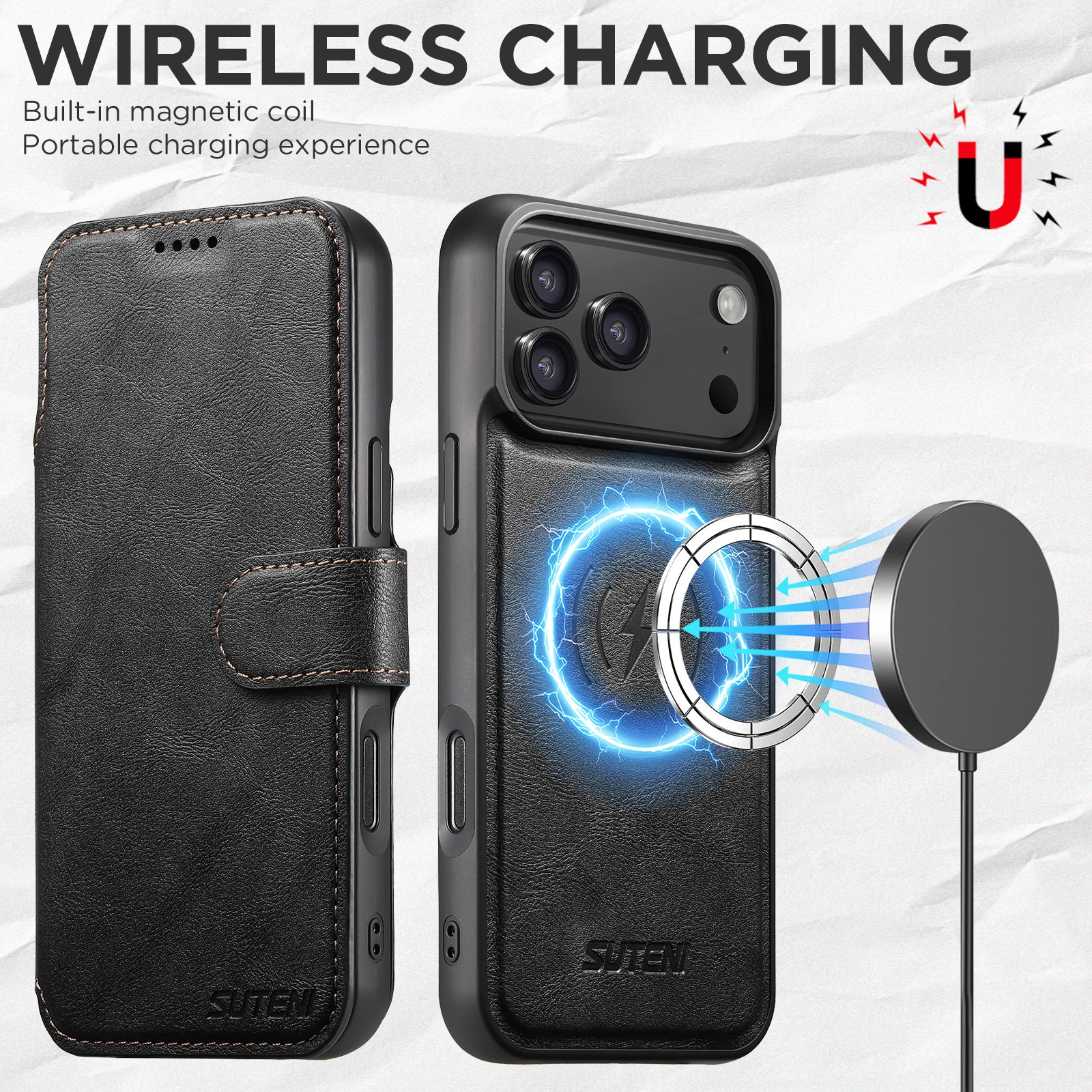 SUTENI Kunstleder Kabelloses Ladegerät Kartenhalter Ständer Brieftasche Magnetische Klapphülle Handyhülle für iPhone 18 Pro Max 17 16 15 14 – Detail 14