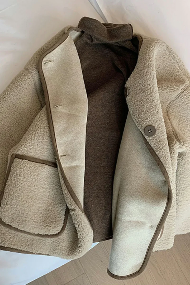 سترة شتوية جديدة فضفاضة قصيرة سميكة من فرو الضأن بأسلوب بسيط مقاس صغير أنيق من ألياف البوليستر معطف بأكمام كاملة #1