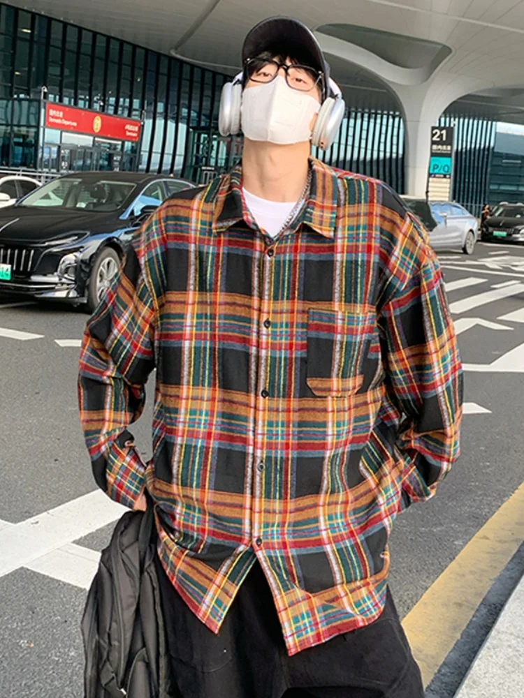 

Plaid Long Sleeve Shirt Men's Spring Autumn American Style Retro Fragrance Wind Coat Button Design Casual Fashion Shirt