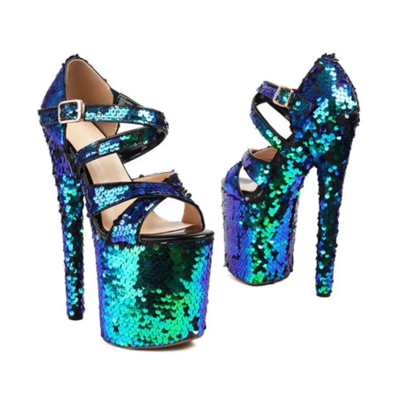 

2025 New Summer Women Sandals Natural Leather 22-24.5cm Sequin Cloth Women Shoes Cross-tied High Heels Waterproof Platform