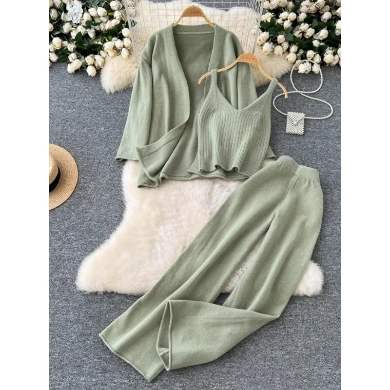 High Quality Solid Color Knitted Pants Suit Women\'s Autumn Winter Cardigan Camisole High Waist Wide-leg Pants Women Two-piece