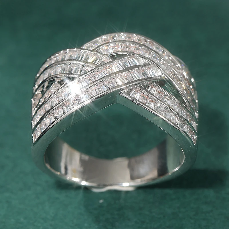 Eleganter silberfarbener, mit weißen CZ-Steinen eingelegter Damenring mit geometrischem Umrandungsmuster für den täglichen Gebrauch, Partyschmuck – Detail 3