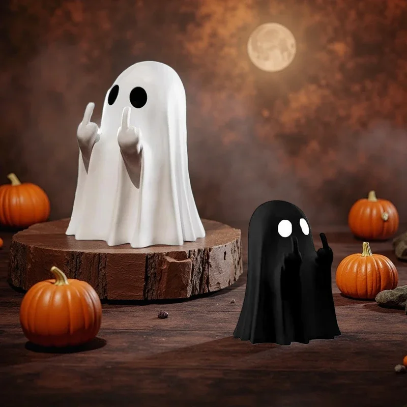 Xx-Cute Middle Finger Ghost Statue Funny Ornament Small Halloween Decor for Coffee Table Adorable Horror Figure Home Centerpiece