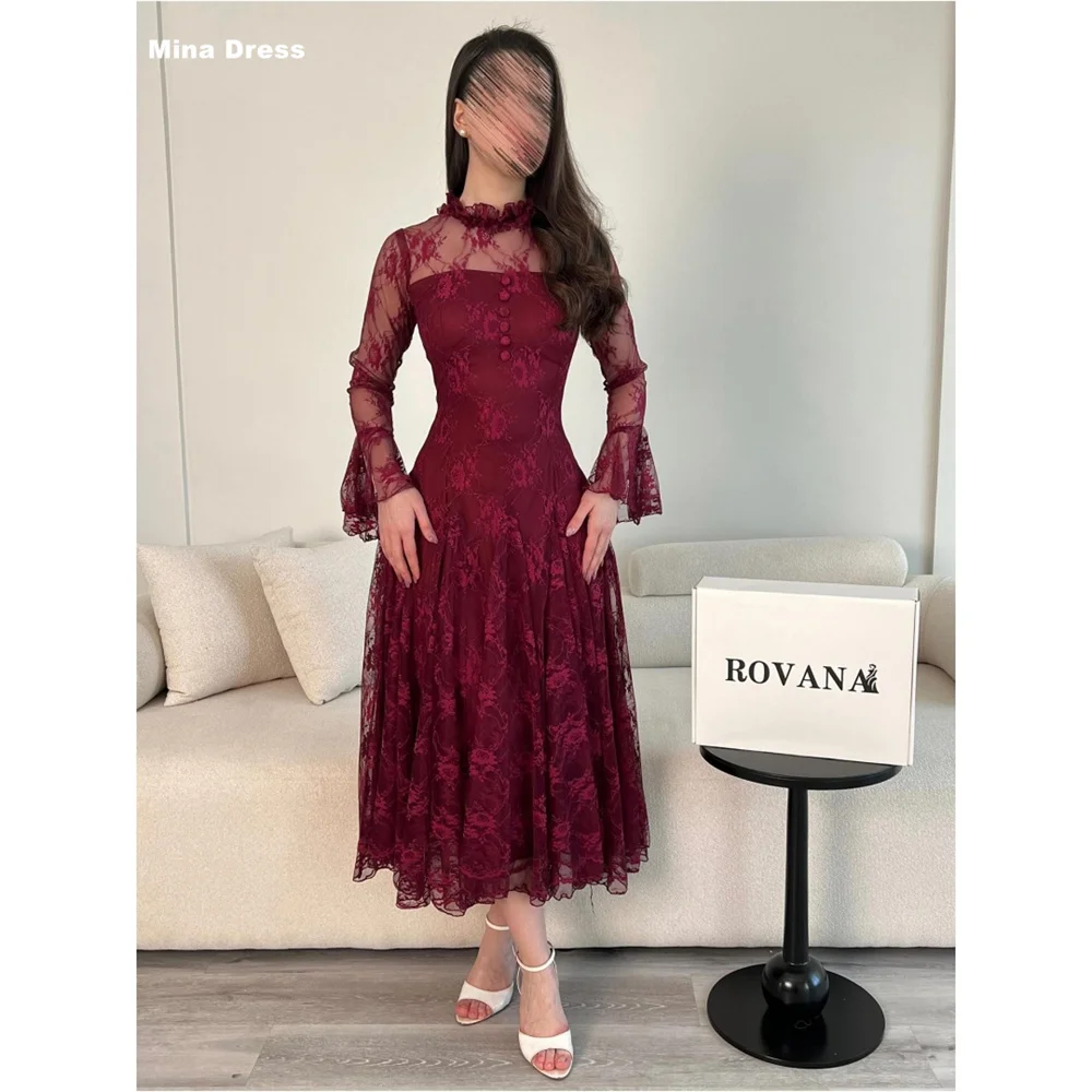 

Mina Customized Purple Elegant Party Dresses for Special Occasions Long Sleeves Prom Dress Lace Embroidery Crew Neck Night Women
