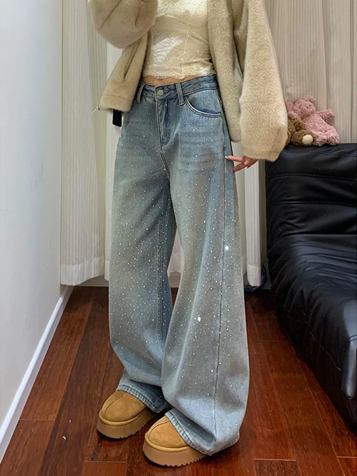 

Y2K Jeans Women Winter Full Sky Star Hot Diamond Straight Leg High Waist Loose Wide Leg Pants