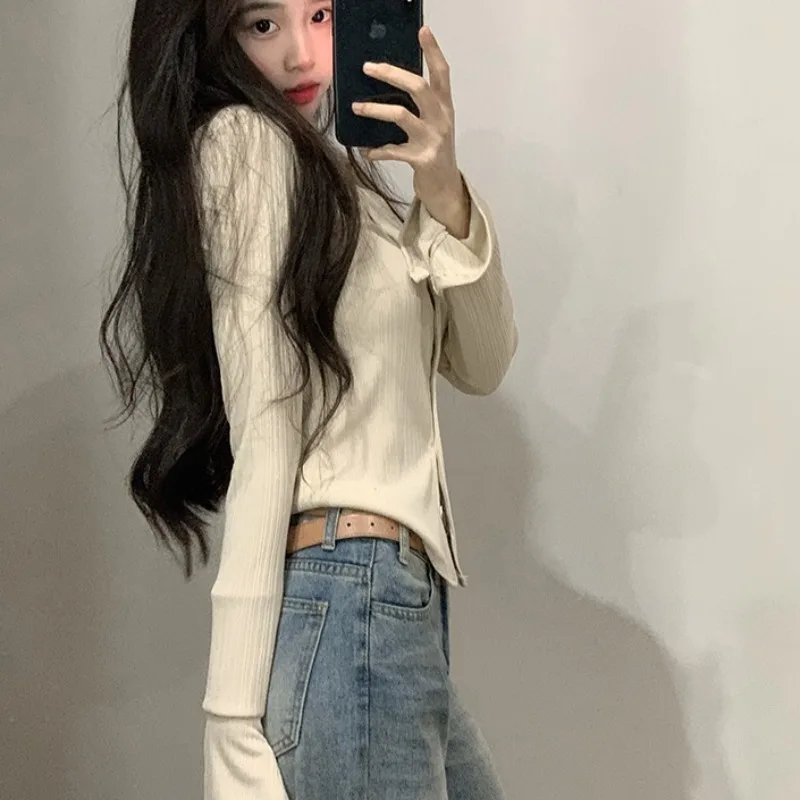 Turn-down Collar Shirts Women Autumn Spicy Girls Slim Fit Tops Basic Inner Flare Sleeve Single Breasted Korean Style Retro Daily