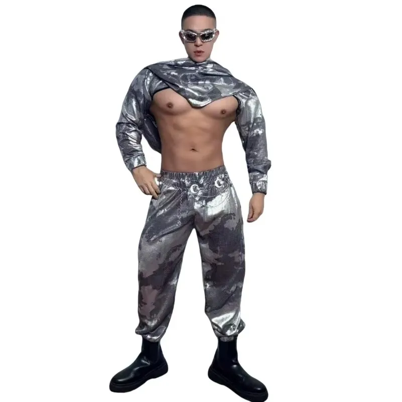 زي أداء المسرح على الطراز المصري للرجال زي راقص جوجو المثير بلوزة فضية مع بنطلون لمهرجان الرقص في الملهى الليلي #4