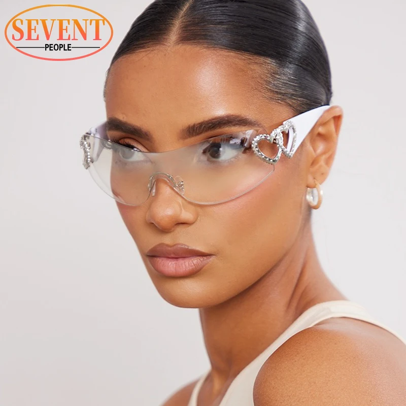 

Rimless One-Piece Sunglasses Women Fashion Heart Sun Glasses For Female Wraparound Shades Eyewear Sports Goggles New In Sunglass