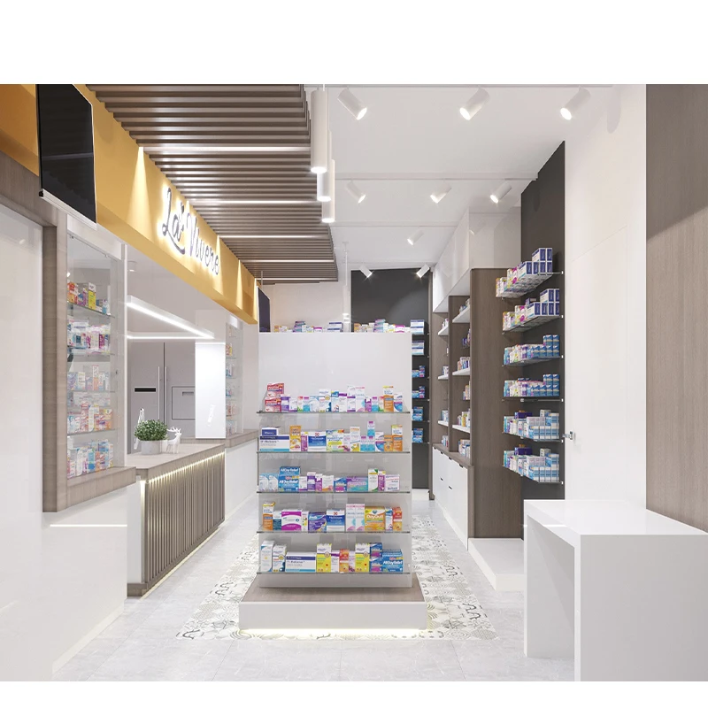 Customized-Pharmacy Shop Interior Design Service Wooden Medicione Shop Display Racks MDF Wood Pharmacy Shelves Farmacia