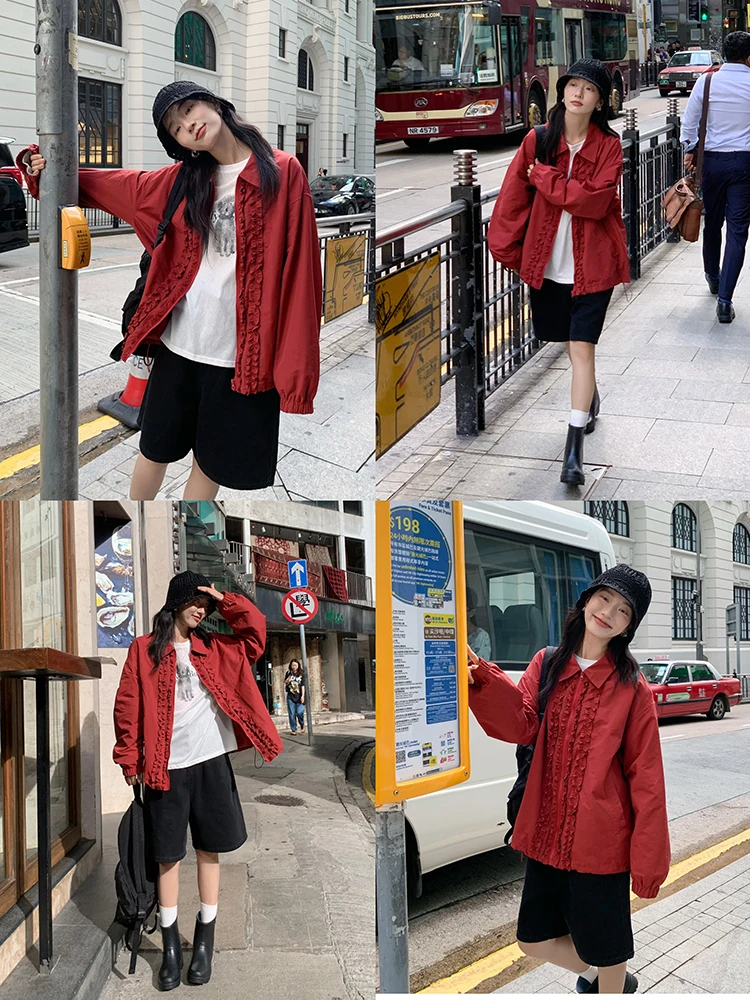 

Red Collar Coat Women's Loose Sle Korean Faion Spring New Mixd DS255 Commute Sle Long Sve Zipper Pure Color