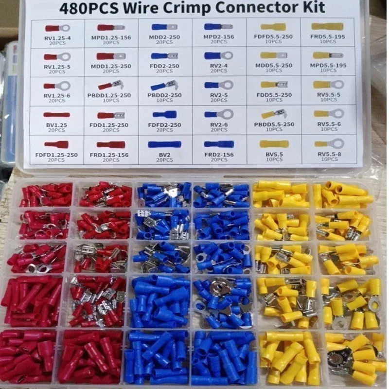 480PCS Insulated Cable Connector Electrical Wire Crimp Spade Butt Ring Fork Set Ring Lugs Rolled Terminals Assorted Kit