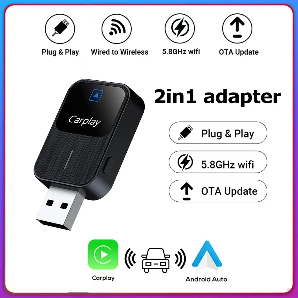 

2in1 CarPlay Adapter Wired to Wireless CarPlay and Android Auto AI Box Dongle 5GHz WiFi Plug and Play Fashionable and Portable