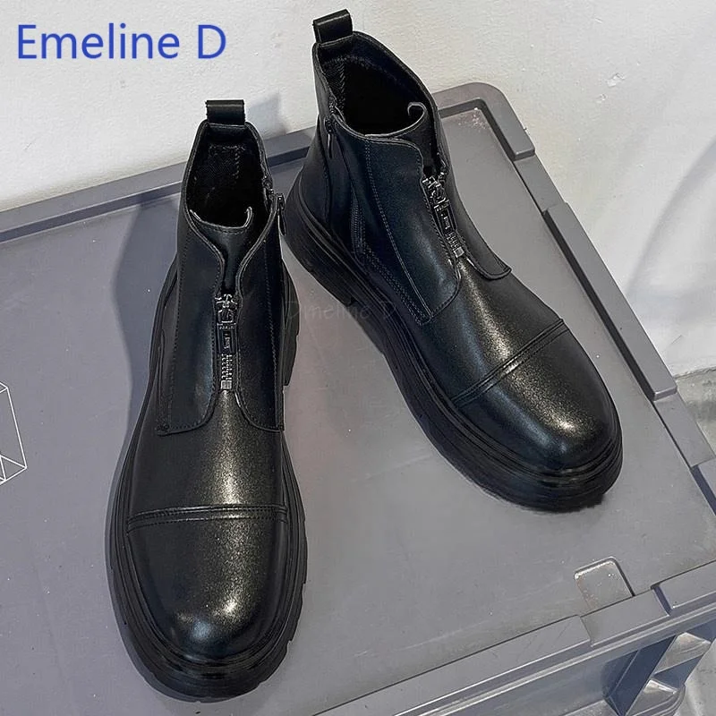 Men Round Toe Ankle Boots Leather Dual Zipper Closure Cap Toe Thick Lug Sole Chunky Platform Daily Street Fashion Short Boots