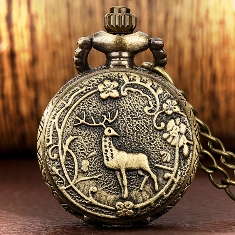 Bronze Lovely Longhorn Elk Animal Quartz Vintage Pocket Watch Necklace Long Horn Deer Pendant Jewelry Chain Engraved Watches