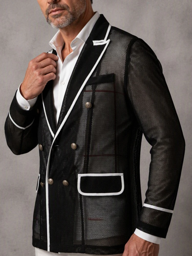 Men's Black Mesh Hollow Out Blazer Fashion Contrast Binding Peak Lapel Wedding Business Party Formal Stage Banquet Suit Jacket